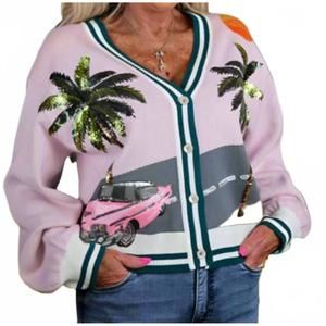 NEW QUEEN OF SPARKLES vintage car tropical cardigan in light pink